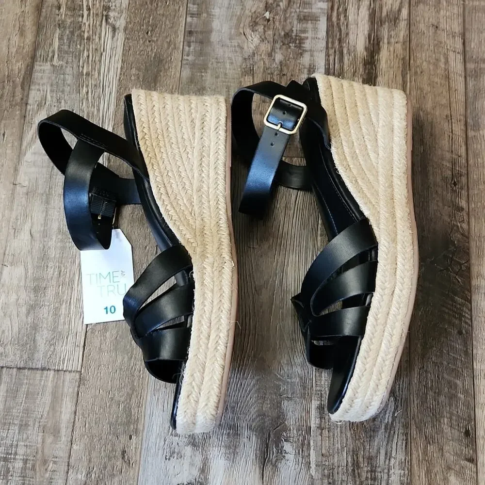 Black Wedge Womens Sandals  Size 10 Jute‎ Platform Buckle Boho Beach 3 1/2